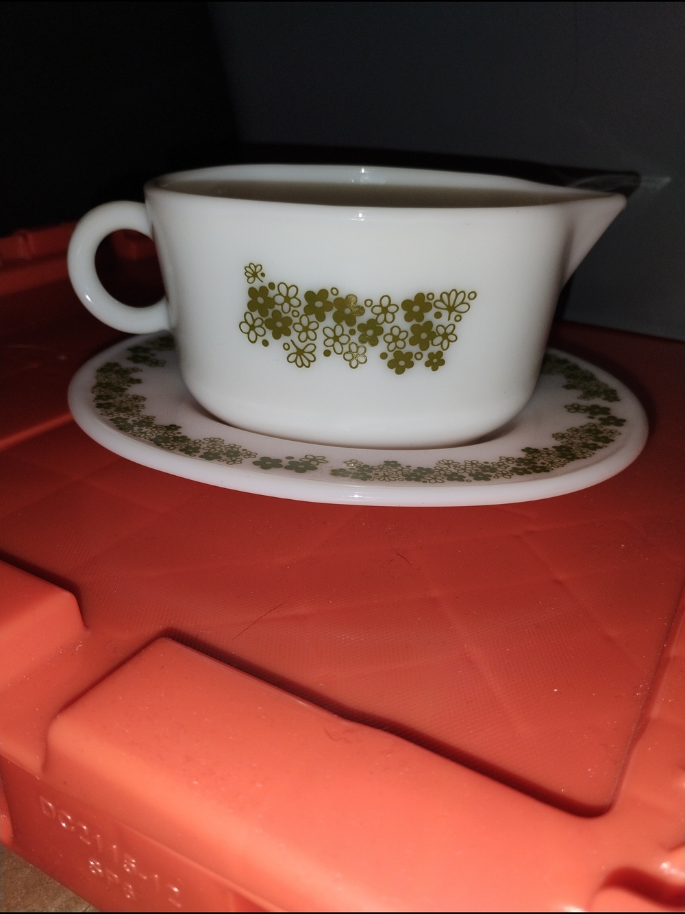 White Milk Glass Gravy Boat with Olive Green Floral Pattern